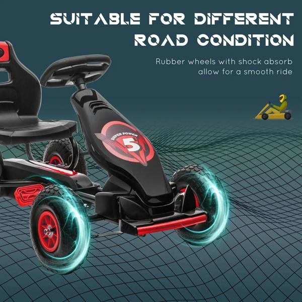 Kids pedal go-kart with shock-absorbing rubber wheels, black frame with red wheel rims