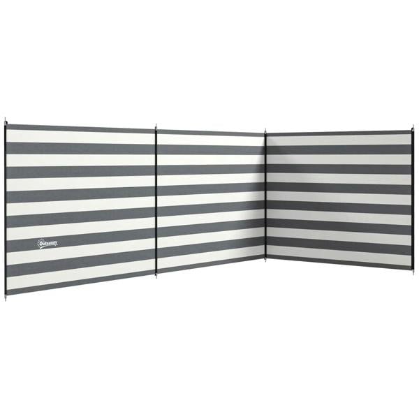 Grey and white striped outdoor windbreak with steel poles, 4-panel privacy screen