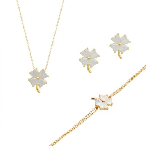 Spero London Best of Luck Four Leaves Clover Sterling Silver Bracelet Necklace and Stud Earring Set - White