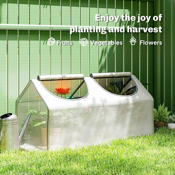 White portable mini greenhouse with mesh grow cover and arched front windows