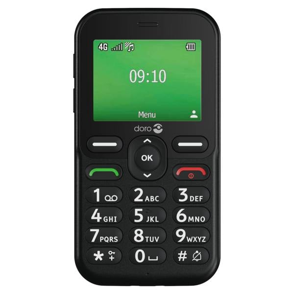Black basic mobile phone with green screen on a white background