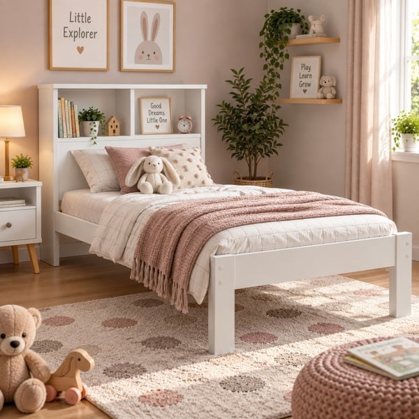 Maserri Easton Wooden Single Bed Frame with Shelf Headboard, White or Grey