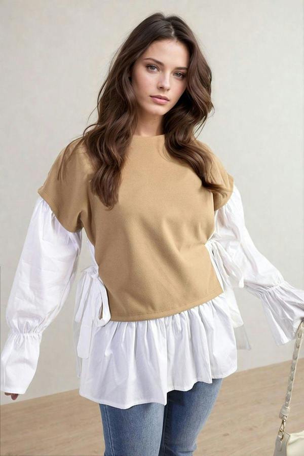 Alicia Side Tie Contrast Long Sleeve Knit Frill Top - Mocha