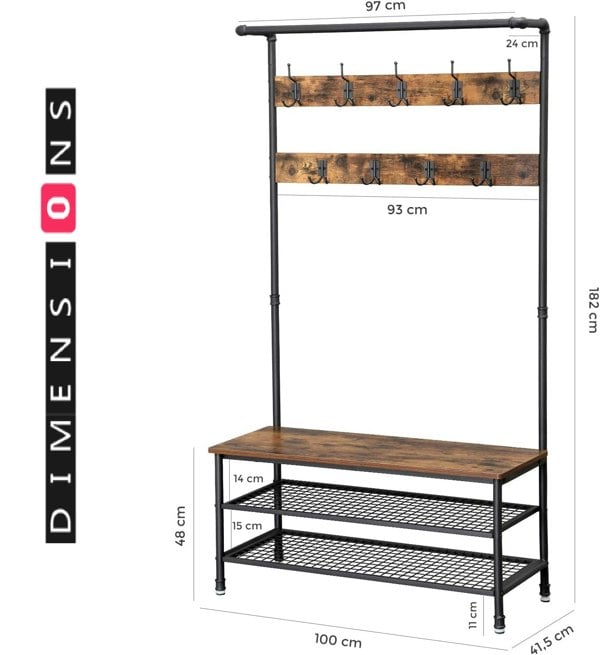 Modcraft Large Hall Tree Coat Rack with Bench and Shoe Rack