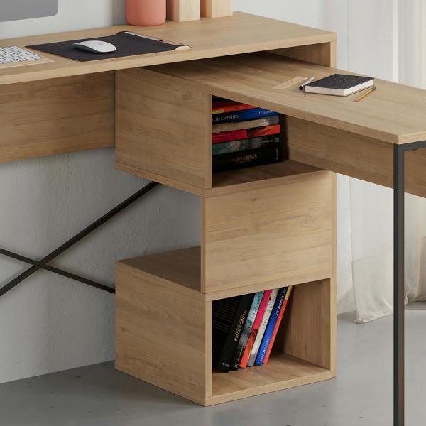 Decortie Modern Badau L-Shaped Computer Desk Metal Legs 3 Adjustable Storage Shelf Extra Table 110cm(W) Work PC Office
