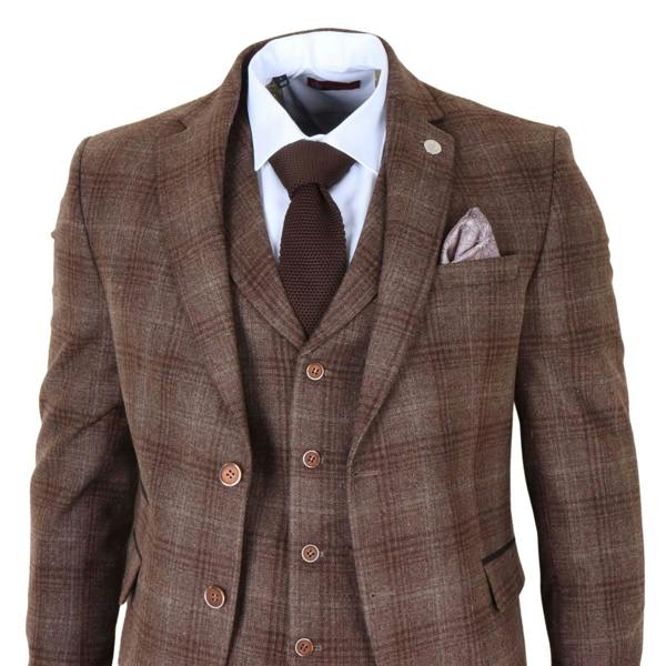 Infinity Leather Men's Formal Brown Tweed  3 Piece Check Vintage Gatsby Style Suit