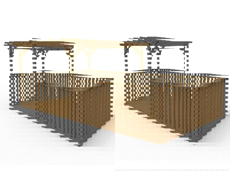 Rectangular pergola and decking kit with balustrade, made from pressure treated timber and high quality pergola posts, featuring a raised wooden deck, vertical slatted balustrade, and an open pergola roof frame.