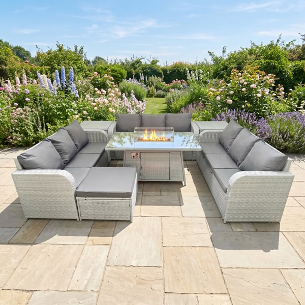 Fimous 10 Seater Rattan Outdoor Garden Furniture Set with Fire Pit Dining Table, 3x 3 Seater Sofas, 1 Footstool & 2 Side Tables - Light Grey