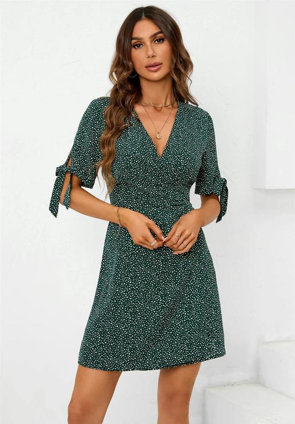 FS Collection Dot Print Wrap Top Mini Dress In Green
