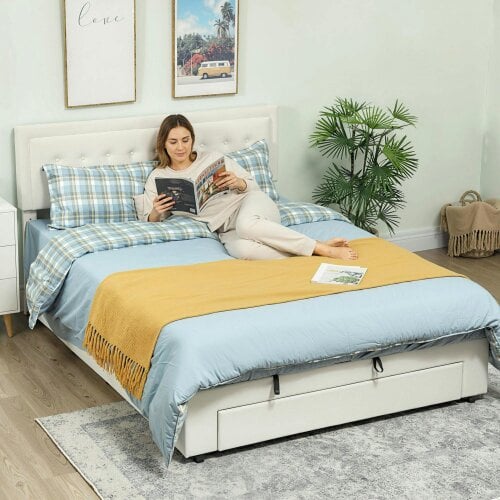 Wyld Haus Zina 5FT King Size Ottoman Bed Frame with Front Divan Drawer Storage Cream