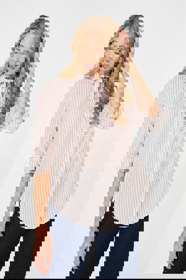 Beige | Striped Long Sleeve Shirt : Model is 5'10"/178 cm and wears UK10/EU38/US6/AUS10
