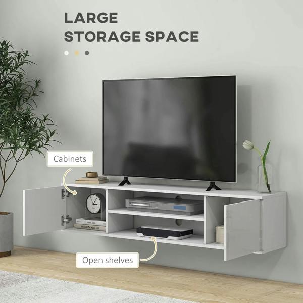 White media console with open shelves and side cabinets for TV storage