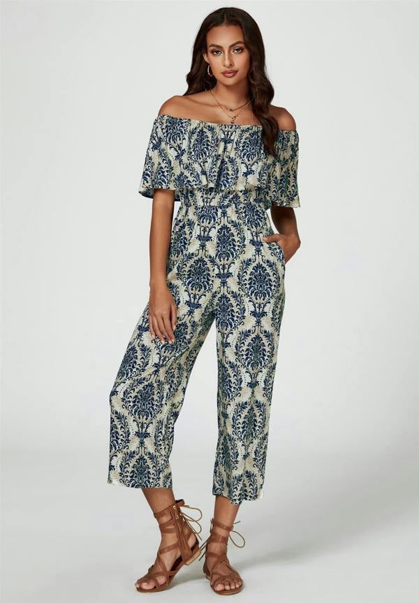 FS Collection Off The Shoulder Print Frill Jumpsuit In Navy