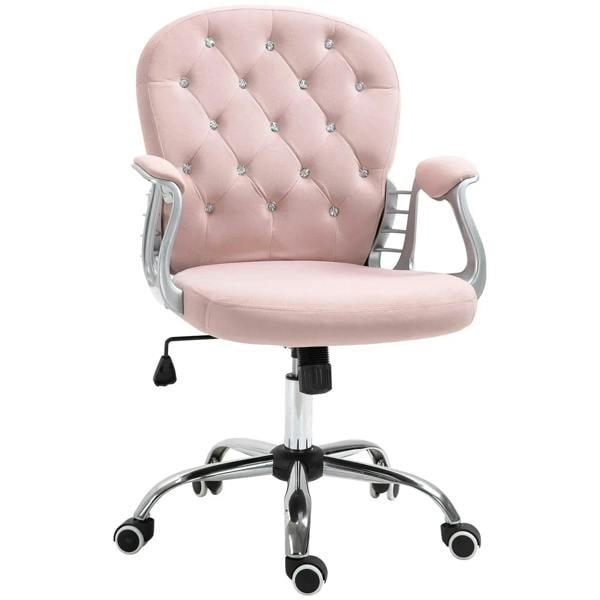 Pink velvet office chair with tufted back, armrests, chrome swivel base and casters