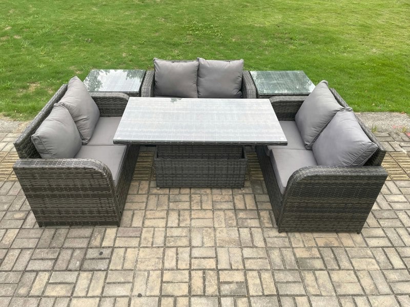 Fimous Rattan Garden Outdoor Furniture 3 PC Love Sofa Set Patio Adjustable Rising lifting Dining Table With 2 Side Tables