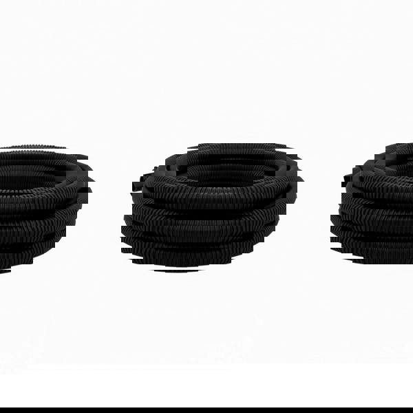 Flexible 5m black vacuum hose with a ribbed texture, coiled neatly, designed for efficient cleaning and easy maneuverability