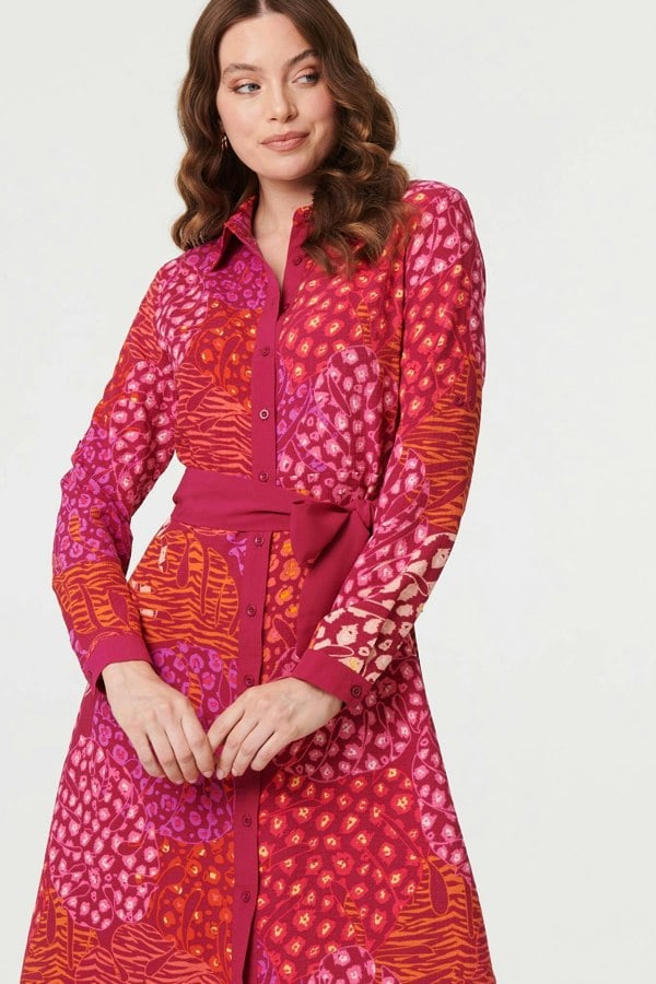 Pink | Printed Long Sleeve Collared Midi Dress
