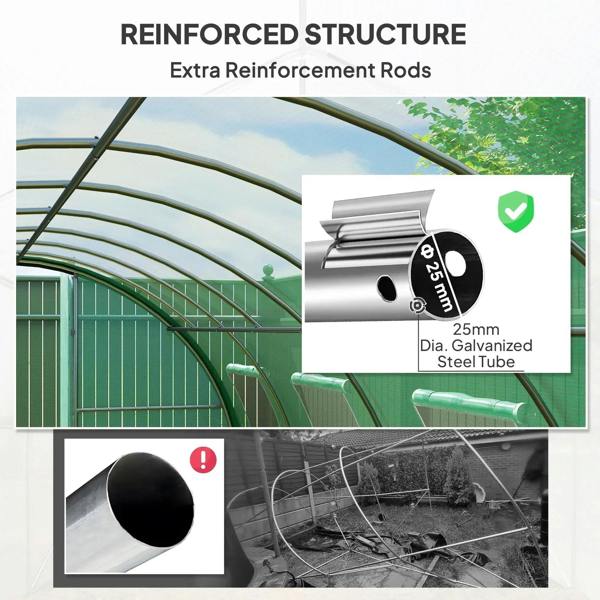 Green polytunnel greenhouse with extra reinforced support rods and curved frame