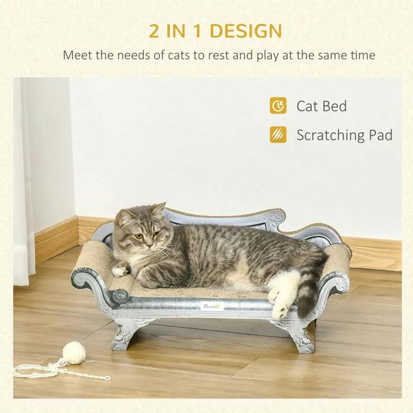 Brown tabby cat resting on a cardboard scratching lounger with gray fabric padding