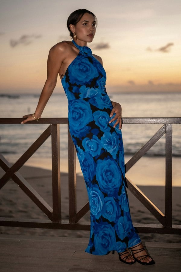 Gini London Blue Floral Occasion Halter Maxi Dress