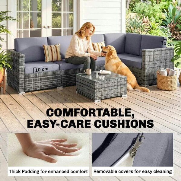 Bobobiy Luxury 5 Seater Rattan Garden Set, 4 Pieces Outdoor Patio Conversation Set with Wide Seats, 220gsm Polyester Cushions, Grey