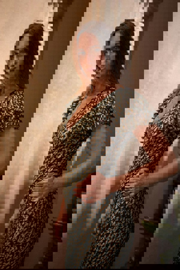 Gini London Dark Green Viscose Clipped Gold Jacquard Bias Cut Maxi Dress