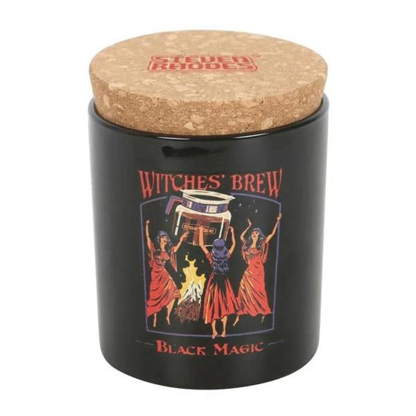 Black candle jar with cork lid and Witches' Brew graphic label