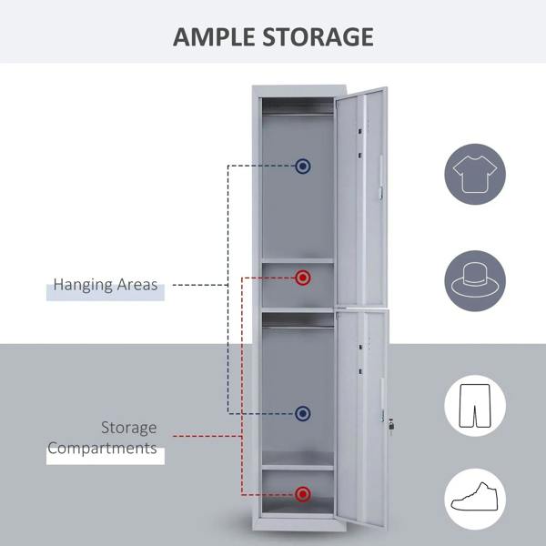 Grey locker cabinet open, showing hanging areas and multiple storage compartments