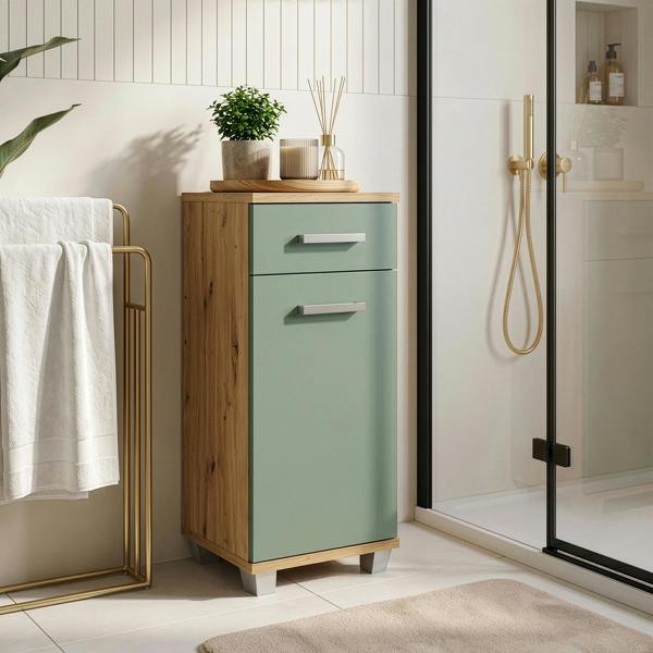 Furniture To Go Veris Bathroom Cupboard with 1 Door & 1 Drawer in Artisan Oak and Sage Green