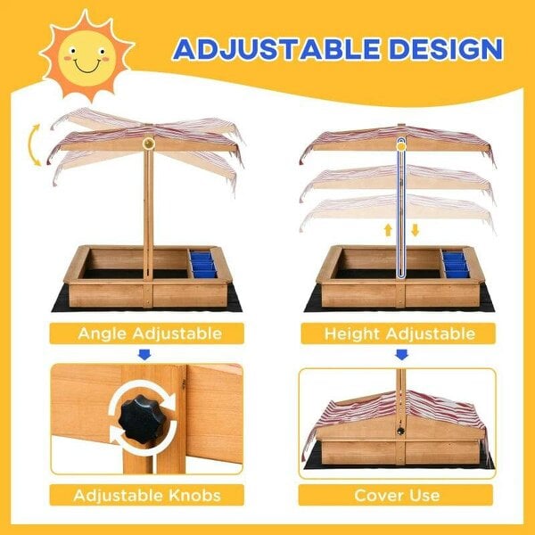 Bobobiy Sand Pit Kids Wooden Sandbox - Children Sandpit Play Station Height Adjustable - Canopy, Bottom Liner, Plastic Basins, Outdoor Aged 3-7 Years