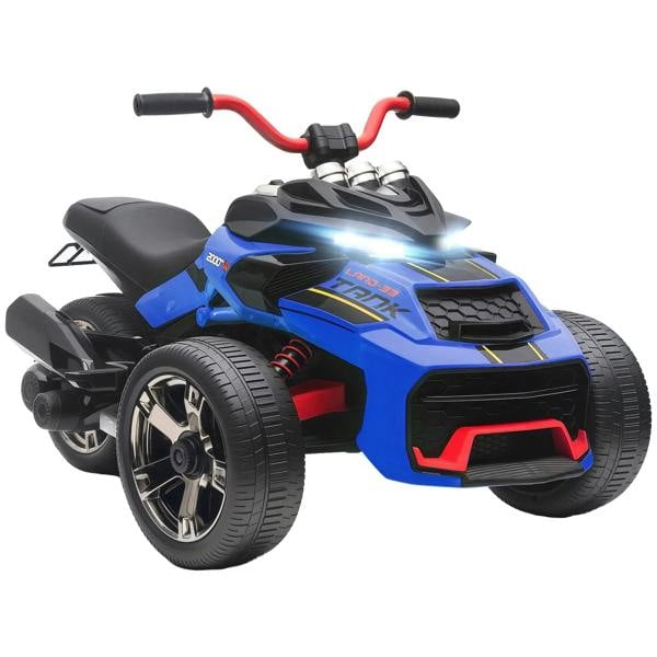 Blue kids electric ride-on 3-wheel car with glowing LED lights, black seat and steering