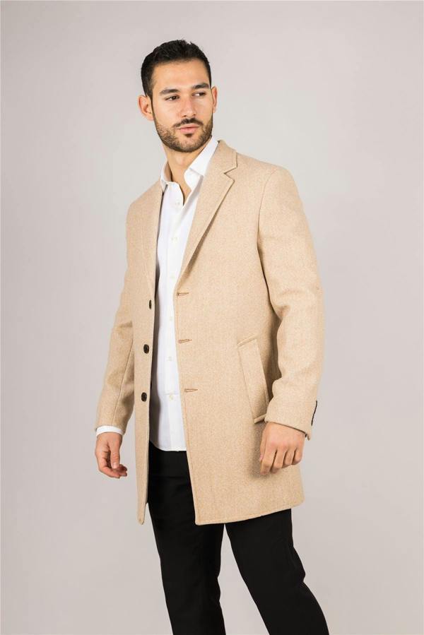 Infinity Leather Men's Notched Lapel Collar Wool Blend Beige Overcoat