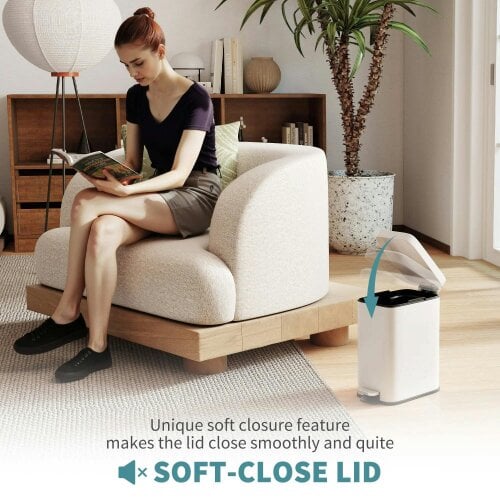 Bobobiy 5L Rectangular Compact Bin Steel Body Removable Bucket Quiet-Close Lid with Pedal Lid Rubbish Trash Can Office Bedroom Bathroom Living White