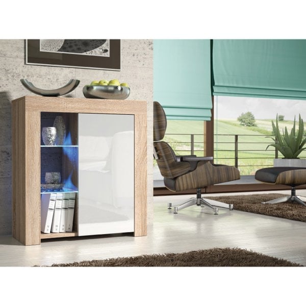 Mex Furniture Distinctive 83cm Cabinet Cupboard Sideboard with White High Gloss Door and Free LED Lights