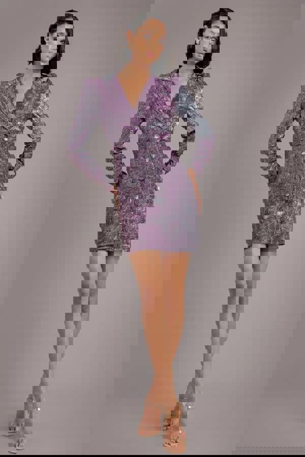 Iridescent Foil Print Blazer Mini Dress - Silver DR3669