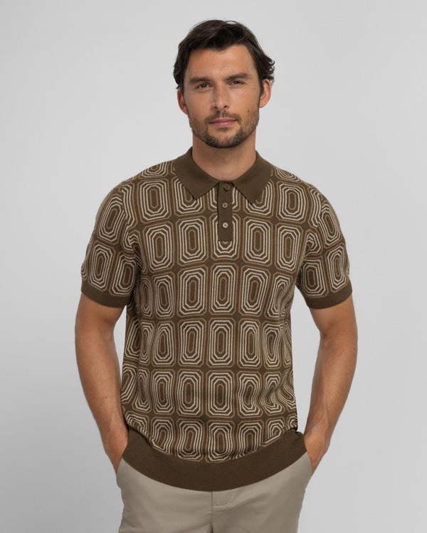 Steel & Jelly Kelsall - Retro Print Knitted Polo Shirt