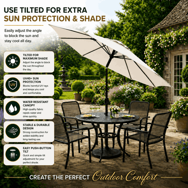GlamHaus Garden Parasol Solar LED 2.7M ,Tilting Table Umbrella with Crank Handle, Protection UV40, Includes Parasol Cover- Cream