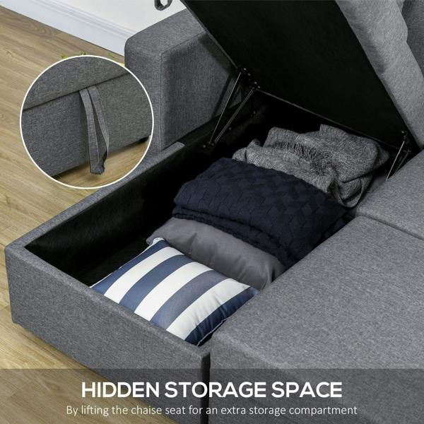 Dark grey sofa bed with hidden storage under the chaise seat, open compartment