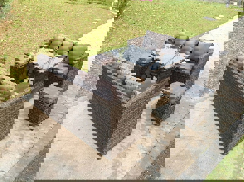 Fimous 8 Seater Rattan Sofa Set with Dining Table, 2 Sofas, 2 Stools - Dark Grey