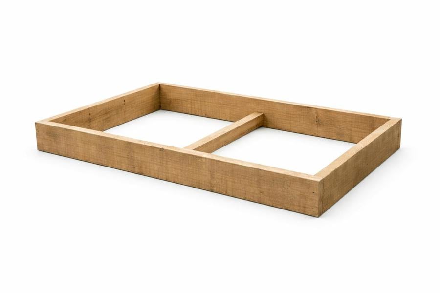 Single board high rough sawn wooden raised bed frame with centre support