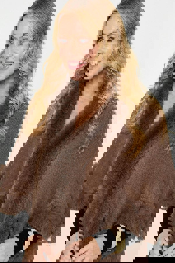 Beige | Faux Fur Trim Layered Poncho
