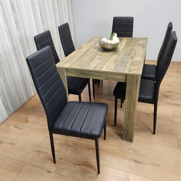 Kosy Koala Dining Table and 6 Black Metal Leather Chairs Rustic Effect Wood Dining Room