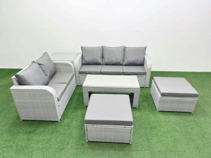 Fimous 7-Seater PE Wicker Rattan Garden Sofa Set - Dark Grey Mixed Patio Conservatory Furniture with Oblong Coffee Table & 2 Big Footstools
