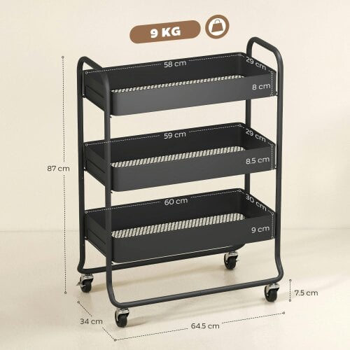 Wyld Haus Rakemi Metal Black 3 Tier Rolling Utility Trolley With Mesh Baskets