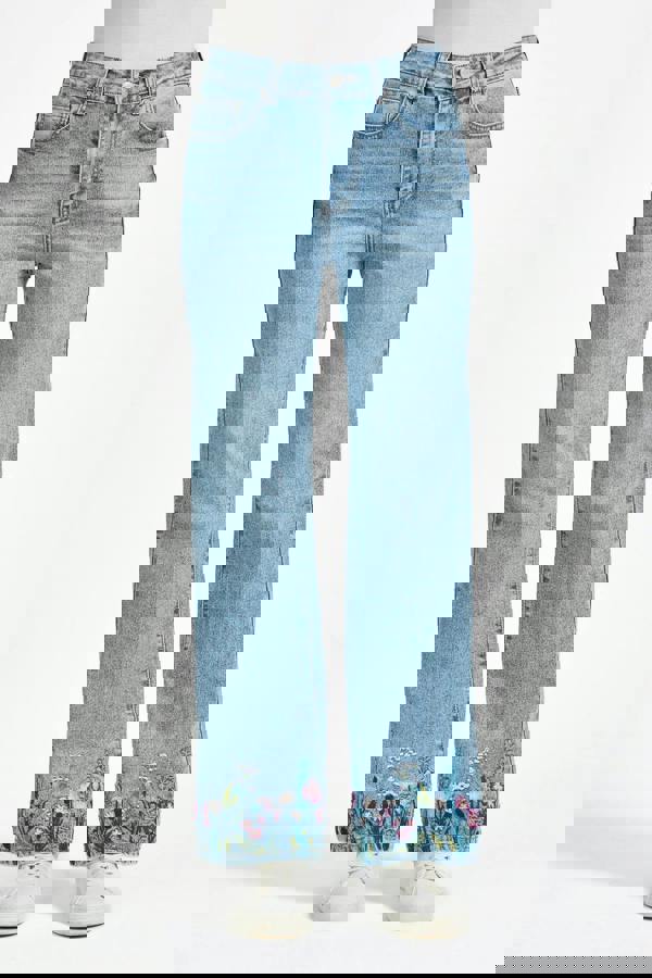 Mudflower Floral Embroidered Wide Leg Denim Jeans