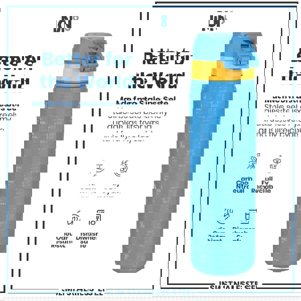 A stainless steel water bottle stands upright; it's blue with yellow accents and repeating text, "CHARGERS BOLT UP," advertising its durability and recyclability.