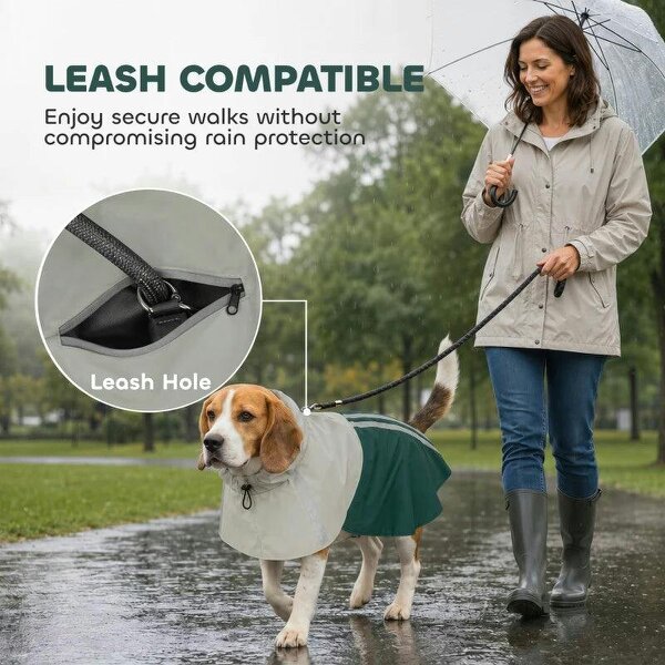 Dog Raincoat with Hood, Waterproof & Breathable Rain Jacket with Leash Hole, for Medium Dogs, Green, M