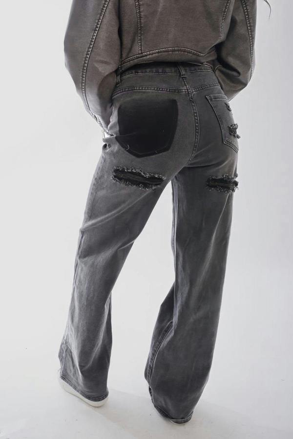 Chana Back Statement Distressed Straight Leg Jeans - Black