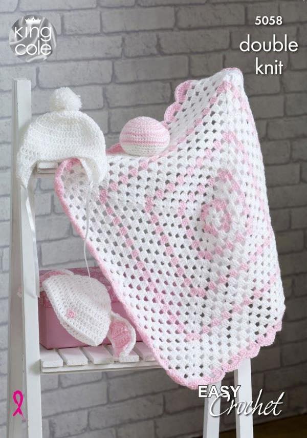 King Cole Pricewise DK Crochet Pattern 5058, Blankets, Headwear for Baby, One Size - Beginner