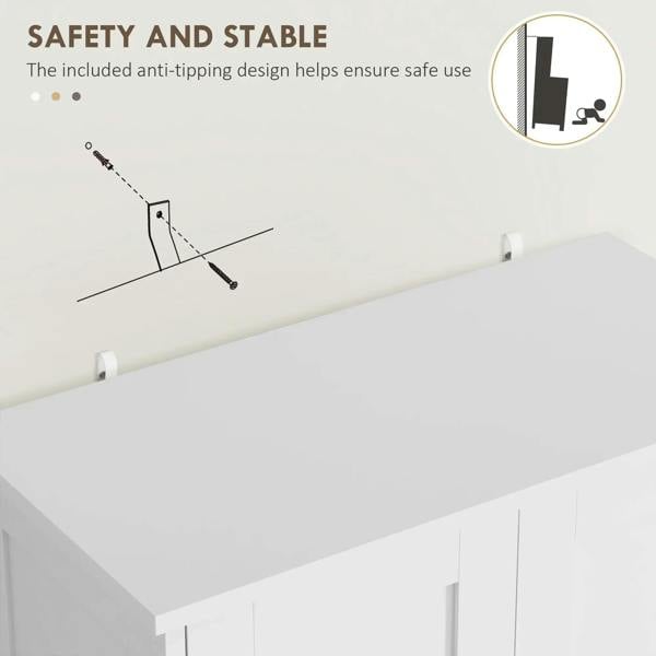 White freestanding cabinet with stable anti-tip design and wide top surface